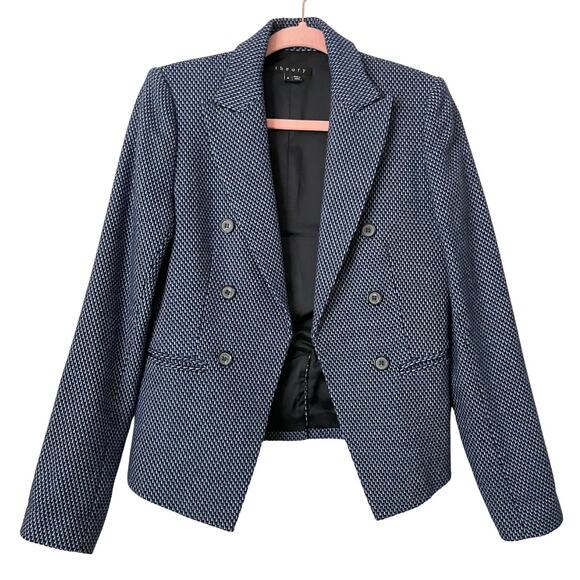 Theory Blazer Womens Size 6 Blue Black Open Front Double Breasted Preppy Career - Picture 1 of 11
